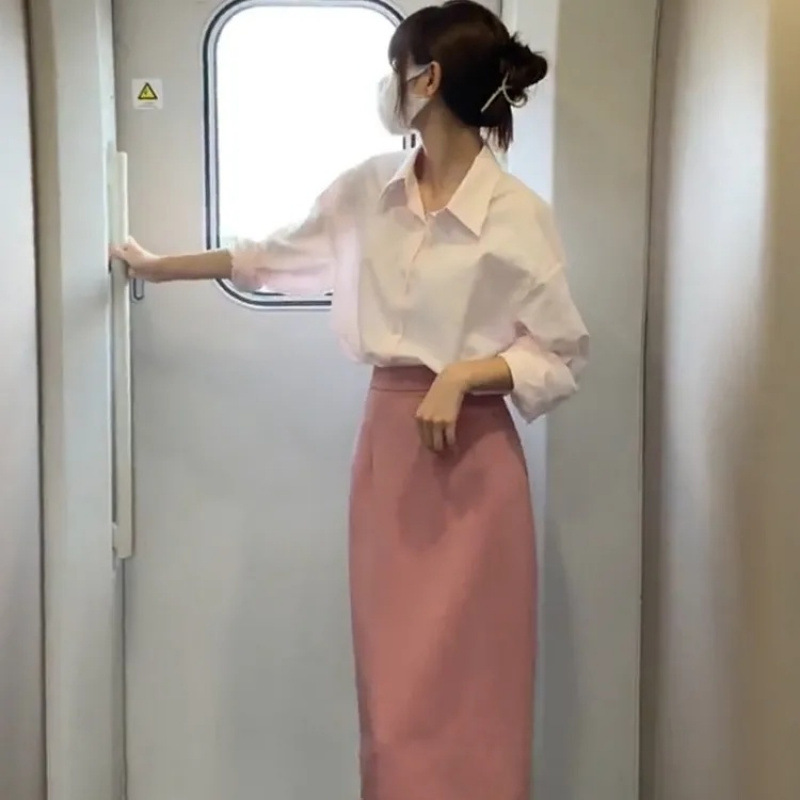 韩式2025女装茶系穿搭高级感早春小香风衬衫半身裙子职业两件套装