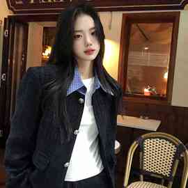 2024新款韩系温柔小香风女早秋新款单排扣假两件外套显瘦气质上衣