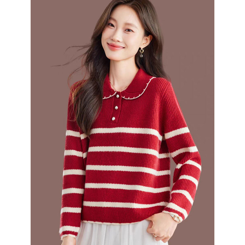 思8628毛衣女2025新款秋装翻领套头条纹打底针织衫洋气减龄上衣|undefined