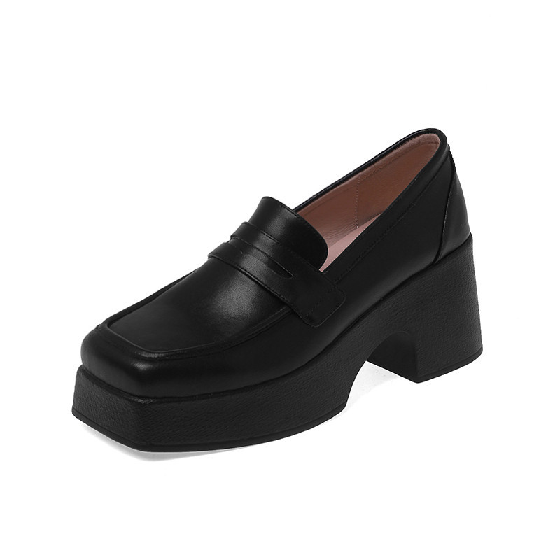 Giày loafer nữ đế xuồng cao gót phong cách Anh, mũi tròn, da thật, xỏ chân tiện lợi — màu đen