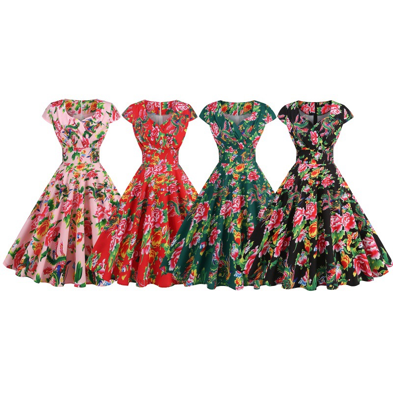 Retro Floral Print V-Neck Slimming Dress For Women – Mid-Length Short Sleeve Elegant Summer Dress_voghion.com