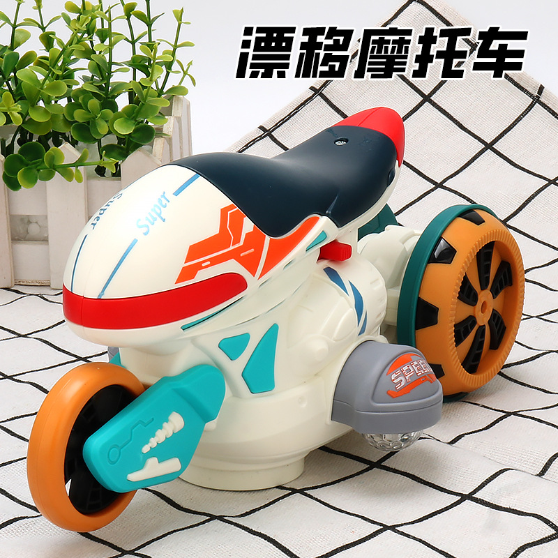 El mismo tipo de motocicleta giratoria eléctrica de deriva universal, música de colores brillantes, luces, juguetes para niños