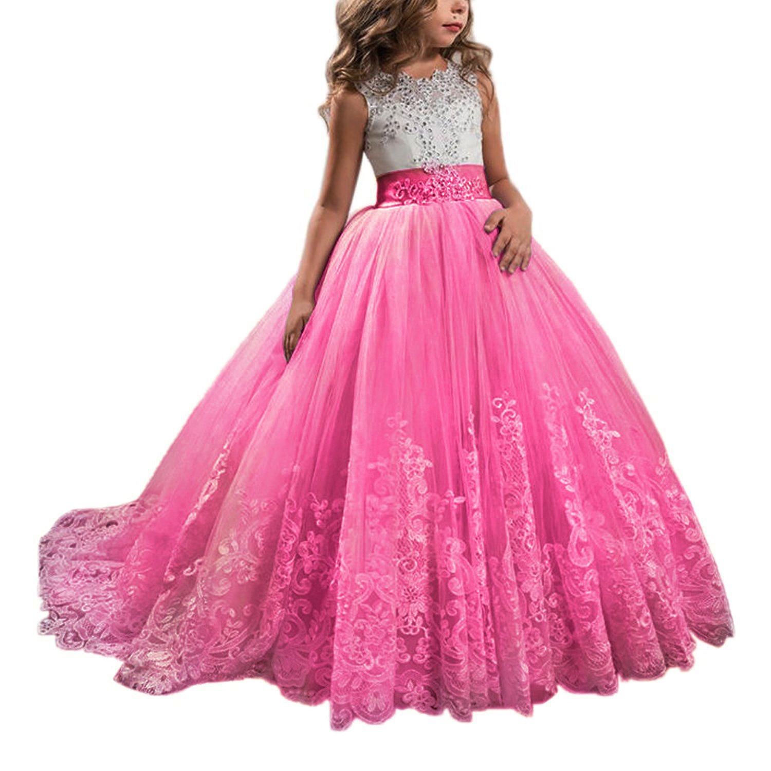 Vestidos de niña estilo princesa con encaje y malla, para fiestas de cumpleaños, damitas de honor y bodas, estilo europeo y americano.