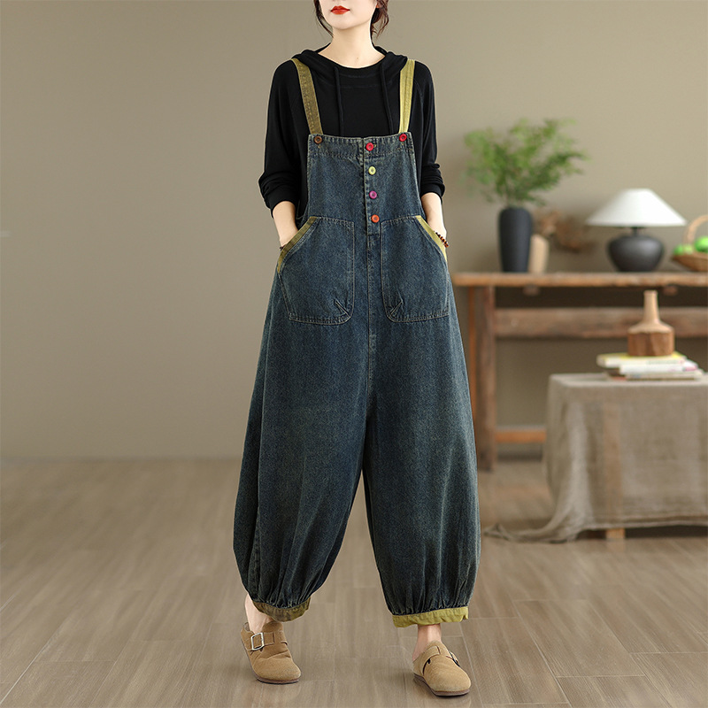 Autumn New Casual Large Size Artistic Denim Nine-Point Overalls for Women