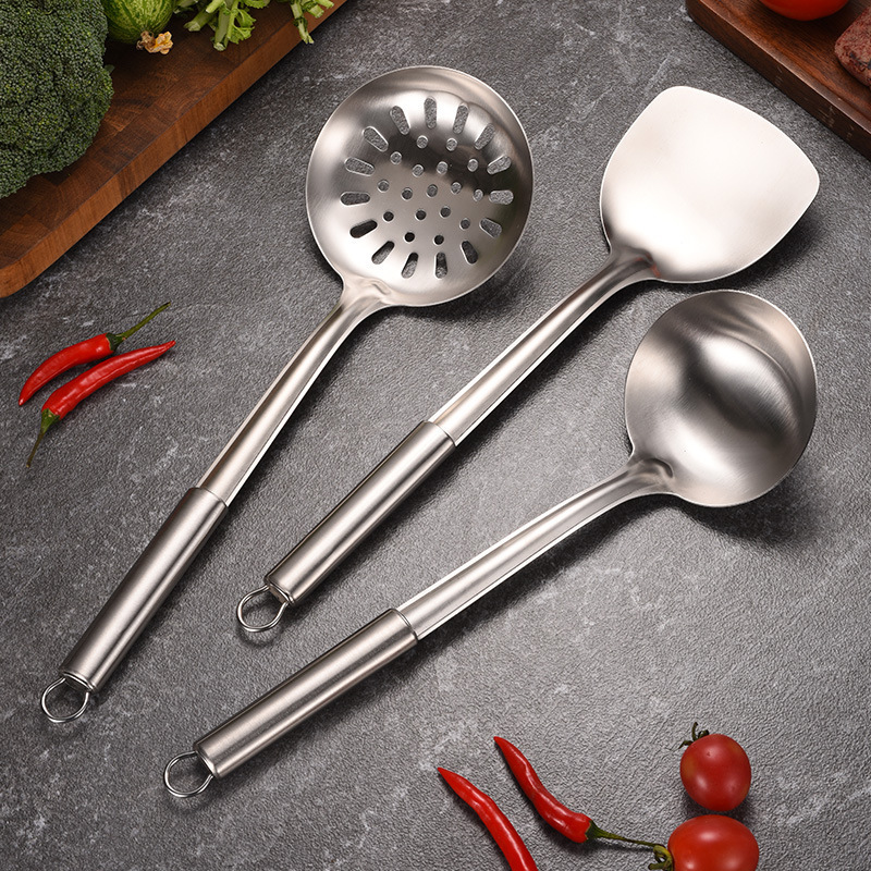 Juego de utensilios de cocina de acero inoxidable con espátula, pala de cocina, cuchara, colador, cuchara, cuchara, pala de freír de tubo redondo, lote de 6 piezas