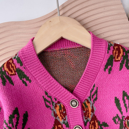 New knitted children's suit for girls, ethnic style printed sweater cardigan + shorts, girls' autumn and winter personalized outfits