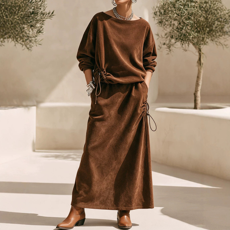 European and American cross-border autumn/winter new women's suit, featuring a retro Western-style faux suede round-neck long-sleeve sweatshirt dress set European and American cross-border autumn/winter new women's suit, featuring a retro Western-style faux suede round-neck long-sleeve sweatshirt dress set