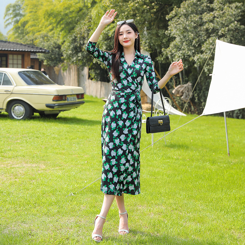 2023 autumn new gardenia flower lapel long sleeve wrap dress fresh sweet skin-friendly slimming dress