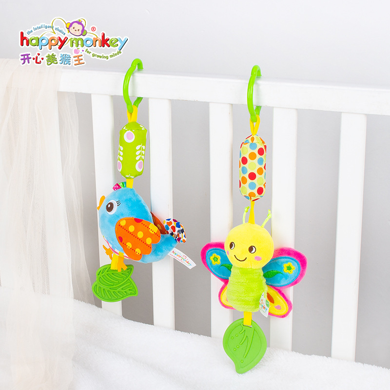 Happy Monkey Baby Crib Bell 0 Months Infant Toy Early Education Plush Crib Hang Soothing Car Hang Teether Rattles