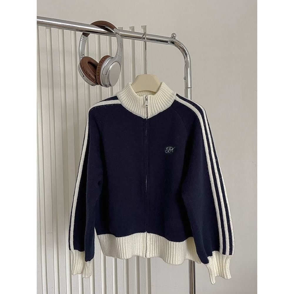 [シープカシミア]アメリカンコントラストカラー長袖スタンドカラーセータージャケットレディースルーズ野球ユニフォームカーディガンジッパートップ