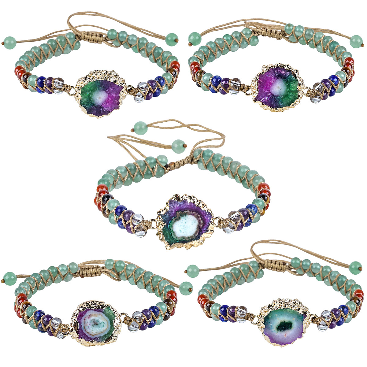 Europa y América colorido Cristal de ágata racimo pulsera de cristal de girasol ajustable tejido doble ronda cuentas pareja novias pulsera