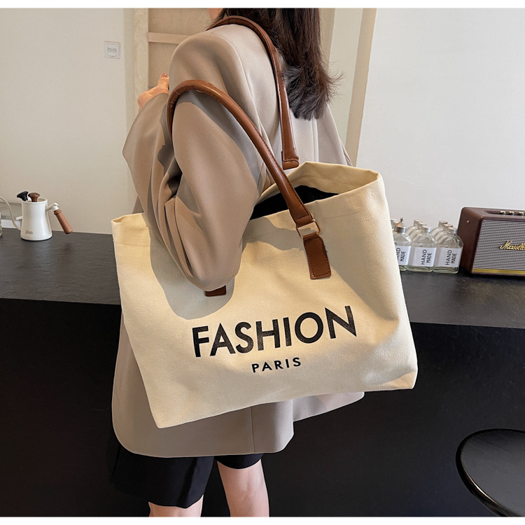 262g Weight Polyester Lining Material Open Closure Type Single Shoulder Strap Strap Type Tote Bag Bags Type Holiday, Daily Occasion Canvas Material Letter Pattern All Seasons Season Women's Gender Classic Style Style Square Shape Large Size Women's Large Canvas Letter Classic Style Square Open Tote Bag 8