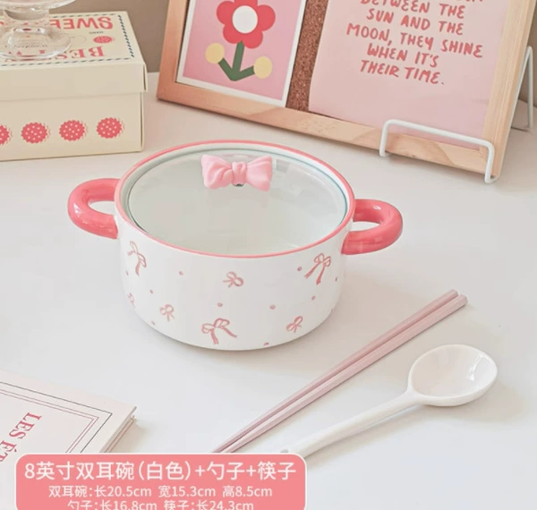 Double ear instant noodle bowl+spoon+chopsticks [pink bow]