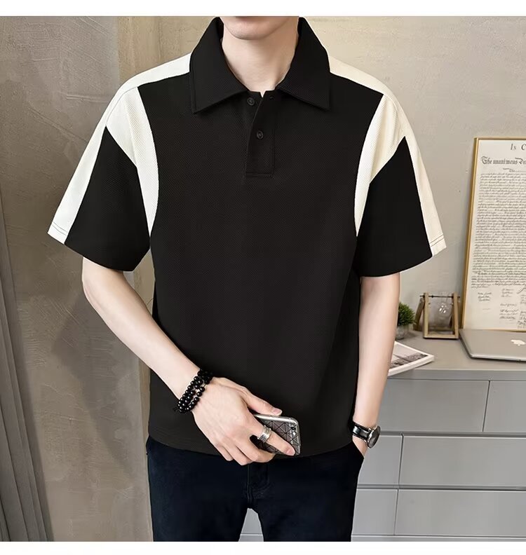 Herren Patchwork Polohemd Atmungsaktives Baumwoll Casual Shirt_voghion.com