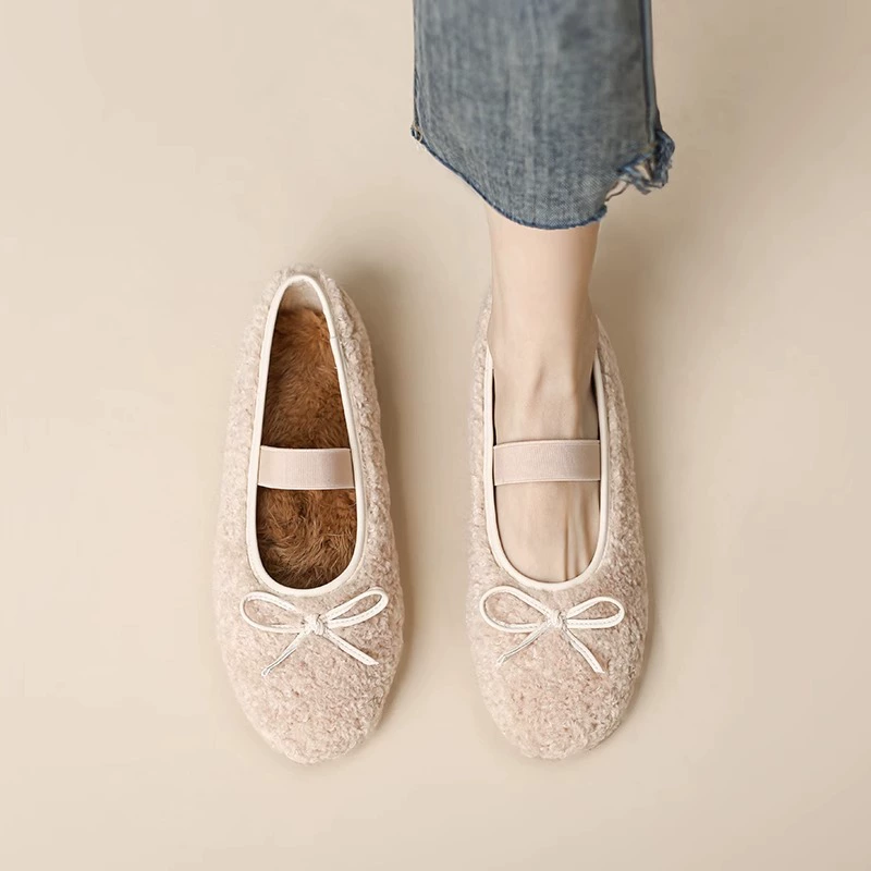 Родина и ребенок туфли с бантом Мэри Джейн волосатые туфли женский балет плюс бархат плоские туфли на одной подошве теплая хлопчатобумажная обувь