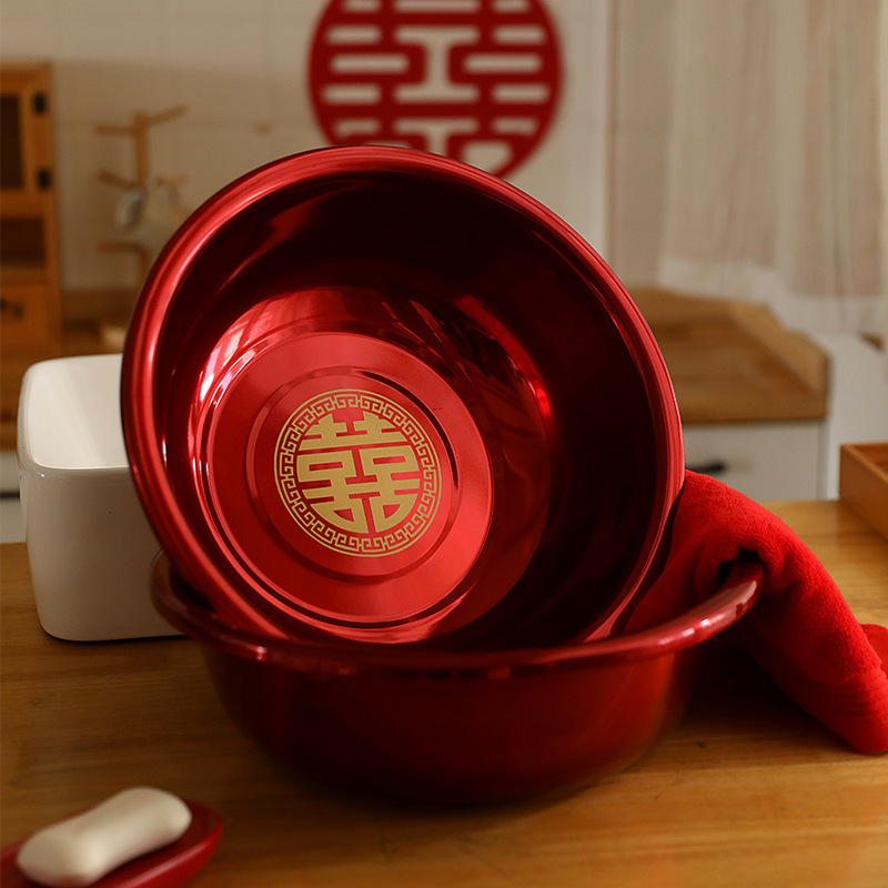 Happy basin woman's accompanying wedding washbasin maiden dowry wash face red basin set basin a pair of wedding supplies