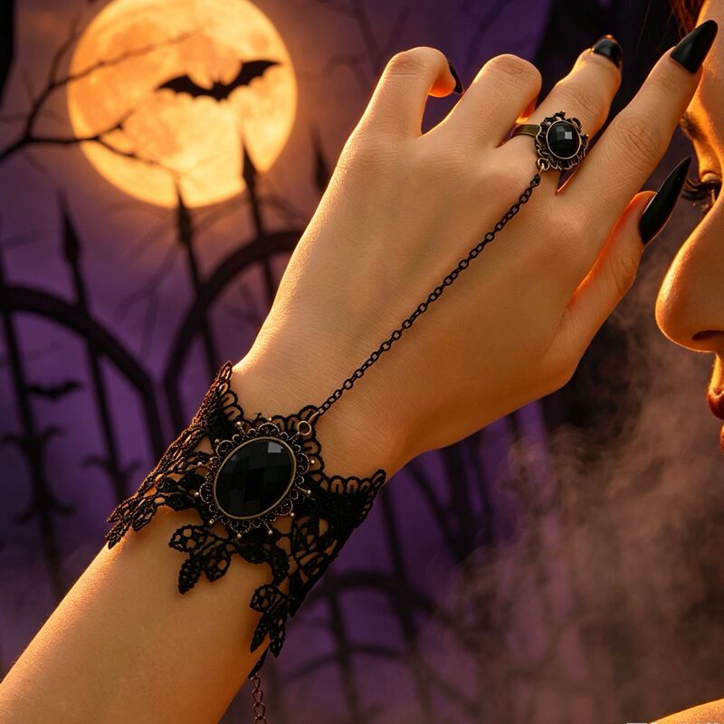 Gothic-style lace finger bracelet. Cross-border Halloween gothic-style jewelry. Best-selling lace imitation crystal bracelet