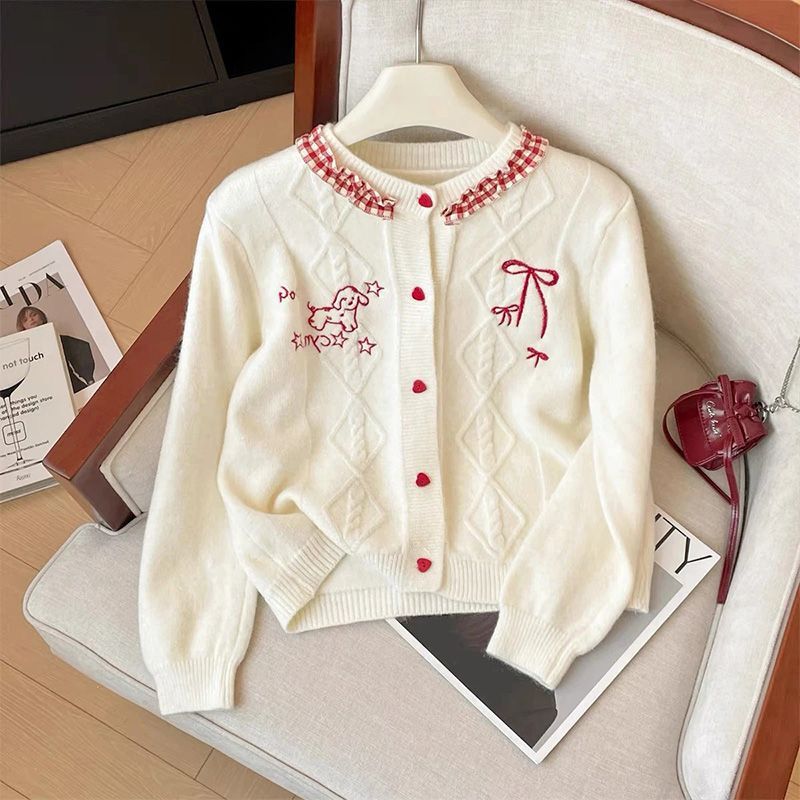 Puppy Embroidery Bow Spring and Autumn New Style Heart Sweater Cardigan Sweet Age-Reducing Knitwear Knit Jacket Top Puppy Embroidery Bow Spring and Autumn New Style Heart Sweater Cardigan Sweet Age-Reducing Knitwear Knit Jacket Top