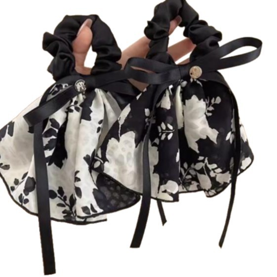 Retro francés negro flor triturada arco intestino grueso anillo de cabello de cola de caballo baja cuerda de cabello para mujeres 2025 nuevo flotante flores de cabeza