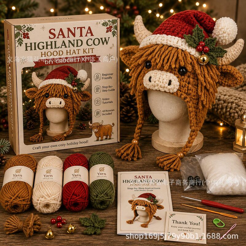 Christmas Highland Cow Hood Hat DIY Crochet Kit Christmas Highland Cow Hood Hat DIY Crochet Kit