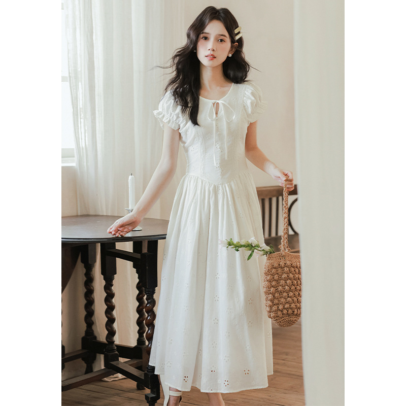 French-Style Gentle Bow-Tie Dress for Women, Summer Girl Style, White Hollow-Out Waist-Cinching Elegant A-Line Long Dress