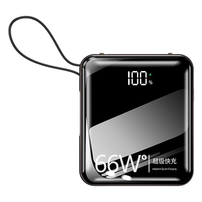 Banco de energía portátil mini de carga rápida bidireccional de 66W al por mayor, 10000 mAh de gran capacidad con cable integrado, fuente de alimentación móvil, personalizable.