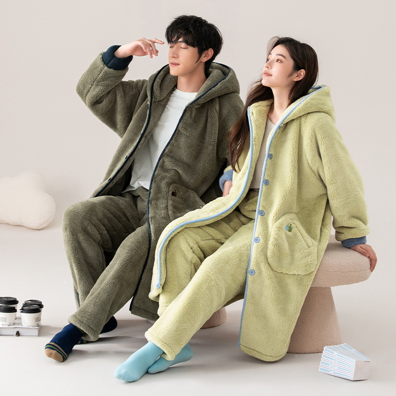 Otoño e Invierno pareja pijama de las mujeres de coral de lana engrosada de lana forrada de los hombres sueltos de franela homewear camisón traje