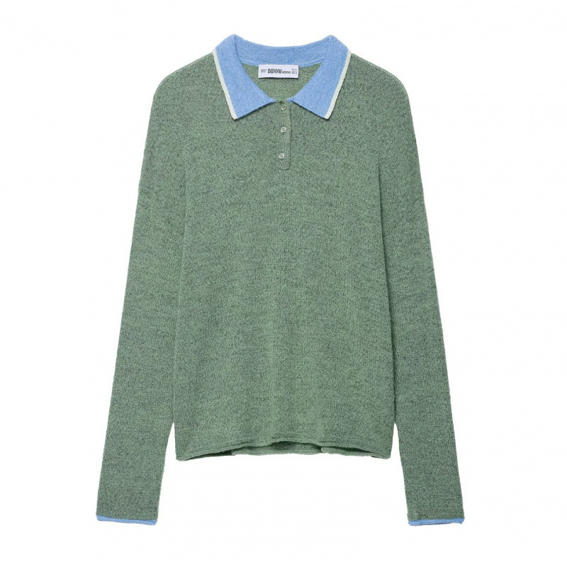 Cross-Border Foreign Trade Women's Clothing 2025 Autumn European and American Style Contrasting Color Polo Collar Long-Sleeved Knitwear Top for Women A36903