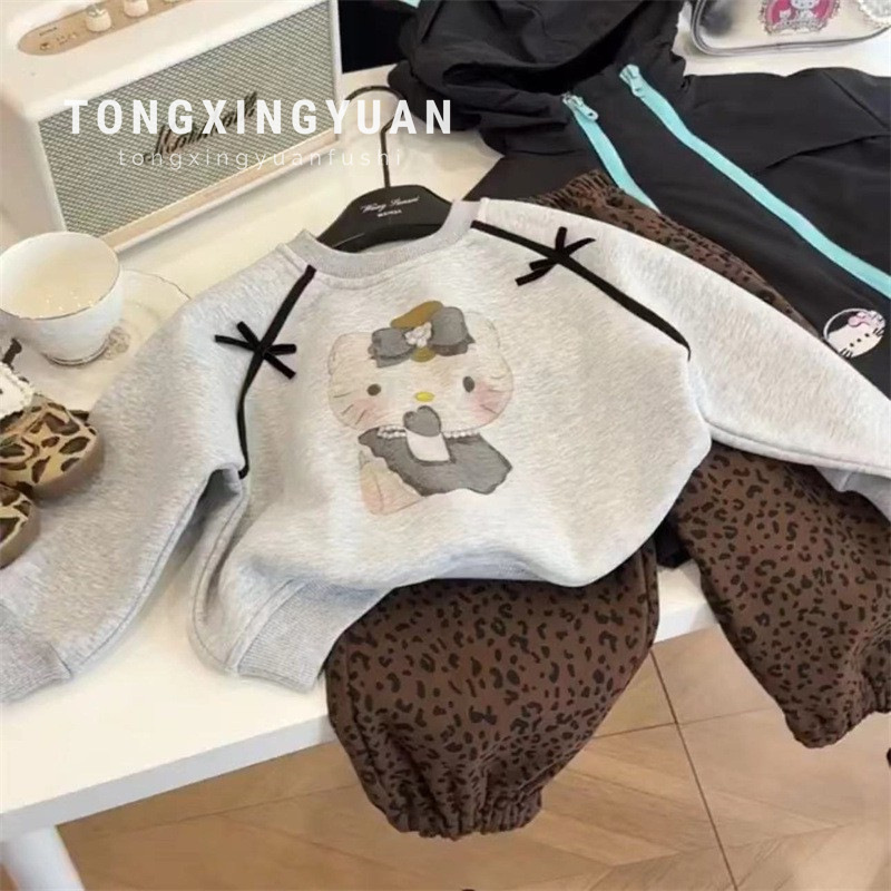 Tongxingyuan Autumn and Winter Sweatshirt suit Baby Girl Cartoon Printed Sweatshirt Leopard Print Pants fleece-lined Thickened Two-piece Set