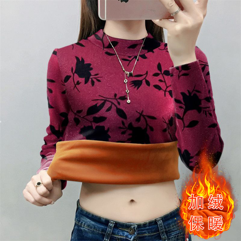 두꺼운 벨벳 올인원 벨벳 어머니복 겨울 신상 긴팔 반고 칼라 패셔너블한 프린트 따뜻한 상의와 하의 셔츠