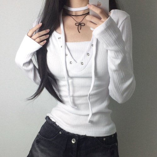 Korean pure desire style strap corns cord design long-sleeved T-shirt simple all-matching casual atmosphere basic top