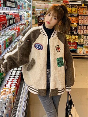 Women's Autumn/Winter New Style Cashmere Design Casual Short-Sleeve Baseball Jacket Trendy