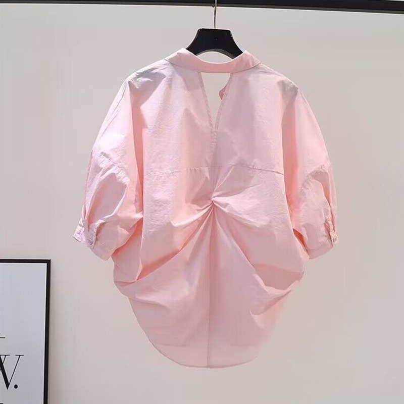 Fashion Design Sense Kink Hollow Backless Shirt Summer Back Split Shirt Women's Loose Pleated Short-sleeved Top