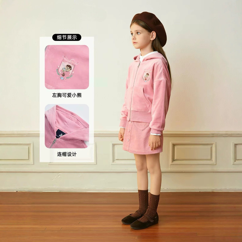 Class A pure cotton original label bear 26 autumn new embroidered girls' velvet hooded cardigan casual zip-up jacket Class A pure cotton original label bear 26 autumn new embroidered girls' velvet hooded cardigan casual zip-up jacket