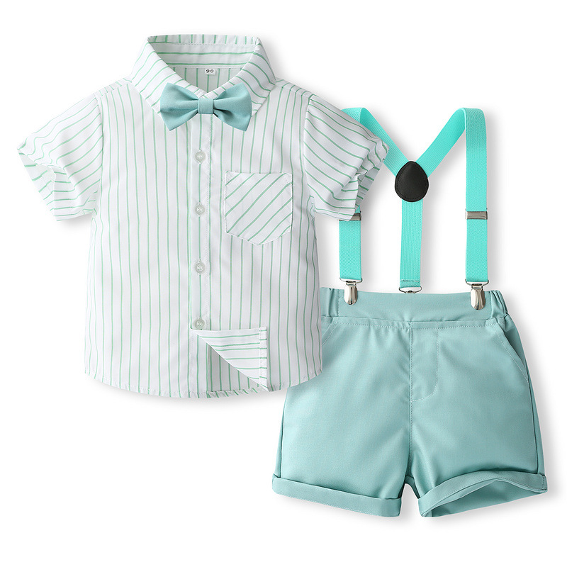 FUENTE Suministro de primera mano de fábrica Traje de verano para nuevos niños Camisa de rayas de estilo británico Vestido de caballero Conjunto de tres piezas