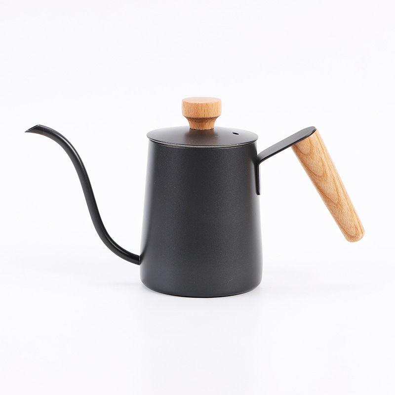 Hogar de acero inoxidable café mano olla estilo occidental boca delgada boca larga mango de madera con tapa tetera de leche colgando tetera de goteo del oído
