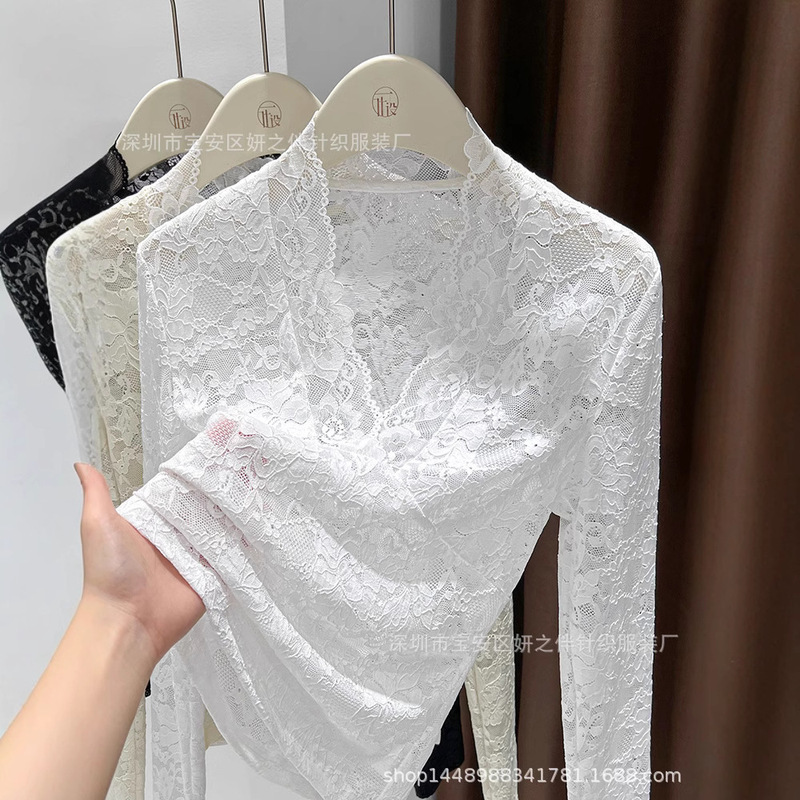 Lace V-neck Lace Base Shirt Women's Autumn and Winter Interior Slim-fit Hollow-out Transparent Sexy Long-sleeved Age-reducing Mesh Top
