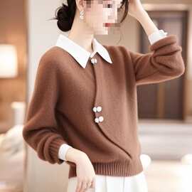 新中式风咖色假两件毛衣女秋冬新款超好看感针织上衣服