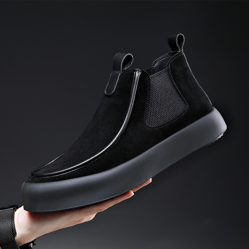 Casual Anti-velvet Leather Shoes Men's Slip-on Lazy Foot High-top Loafers Fleece-lined British-style Warm Men's Shoes for Autumn