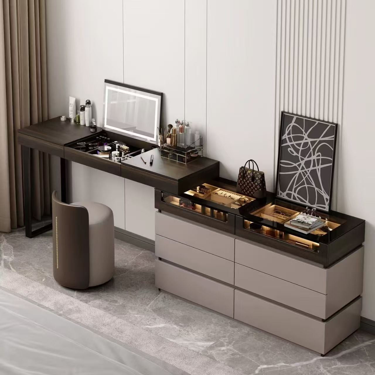 All Solid Wood Flip Mirror with Light Dressing Table for Home Bedroom Entry Dressing Table with Skylight Large Capacity Retractable Storage