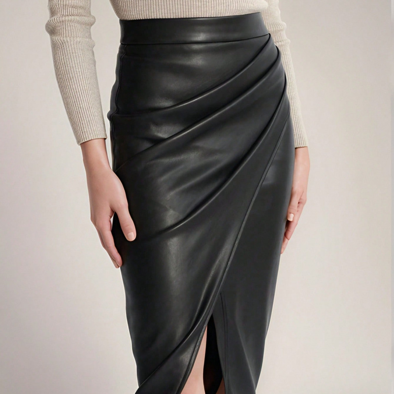 Spring and Summer 2025 Women's PU Split Skirt High Waist Zipper Pleated Leather Skirt European and American Sexy Hip Skirt