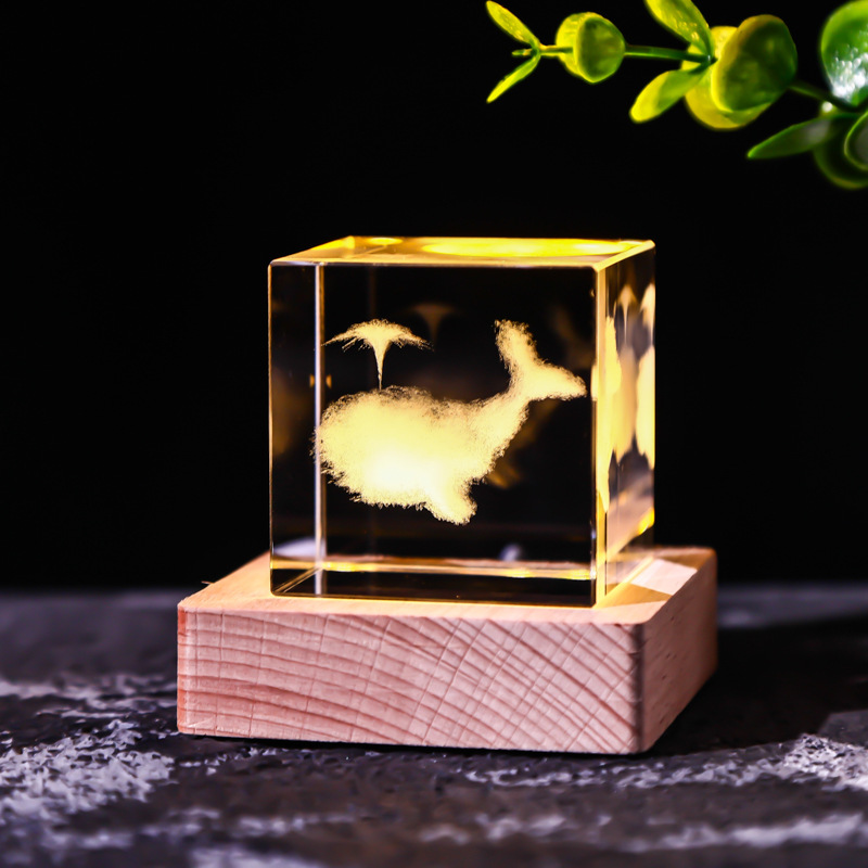 Cubo de cristal decoración interruptor de luz cálida base de madera talla interior Luna Sistema Solar Galaxy decoración de escritorio regalo de niña