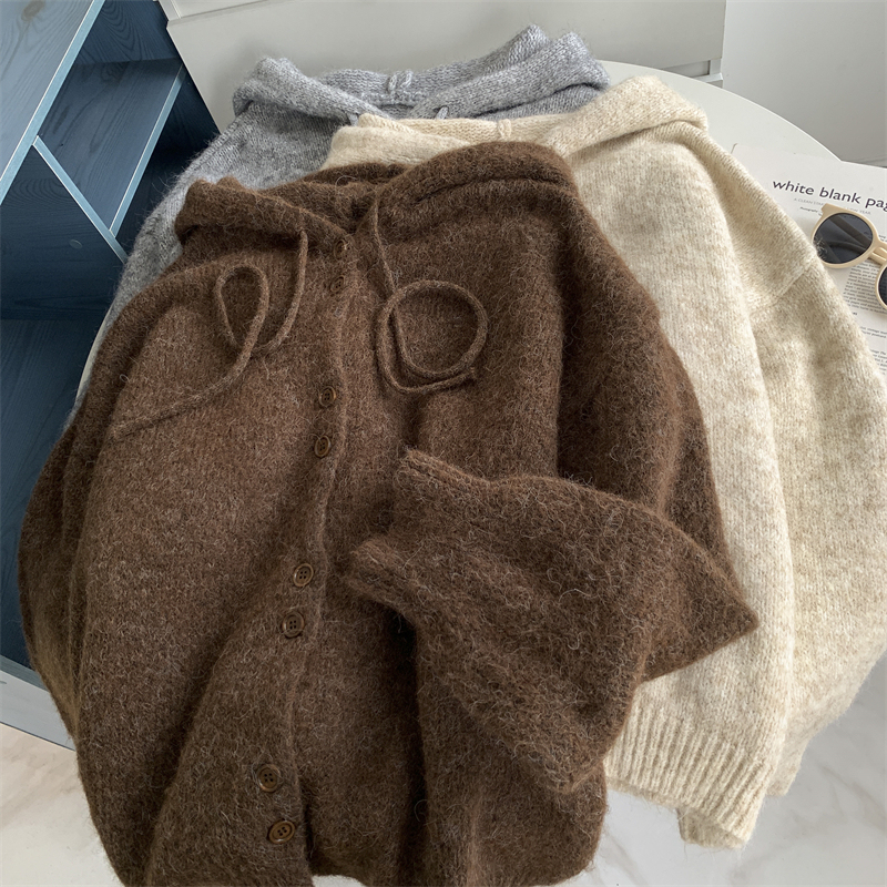 Hooded Sweater Cardigan Jacket Autumn and Winter Korean Wear Loose Lazy Style Soft Waxy Knitted Button Hoodie Top Trendy