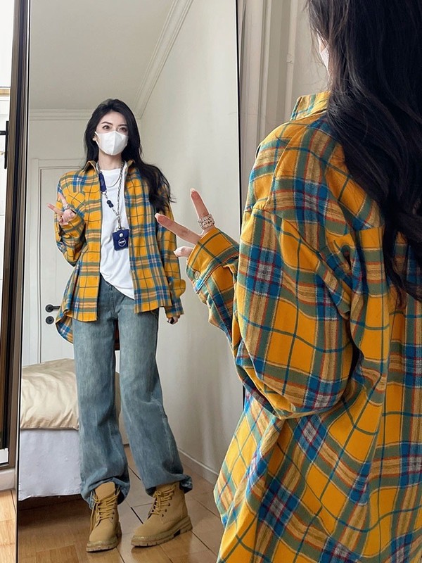 春と秋の新しい緑の格子のシャツのコートの女性の香港風の小さい大衆はカップルのシャツのins潮の学生の上着を設計します。|undefined