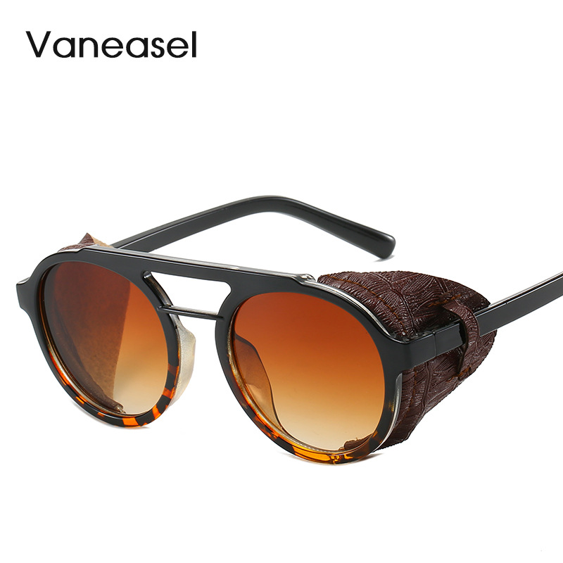 Fábrica al por mayor europea y americana ronda gafas de sol hombres gafas de sol de moda Steampunk imitación cuero doble haz gafas de sol 97042