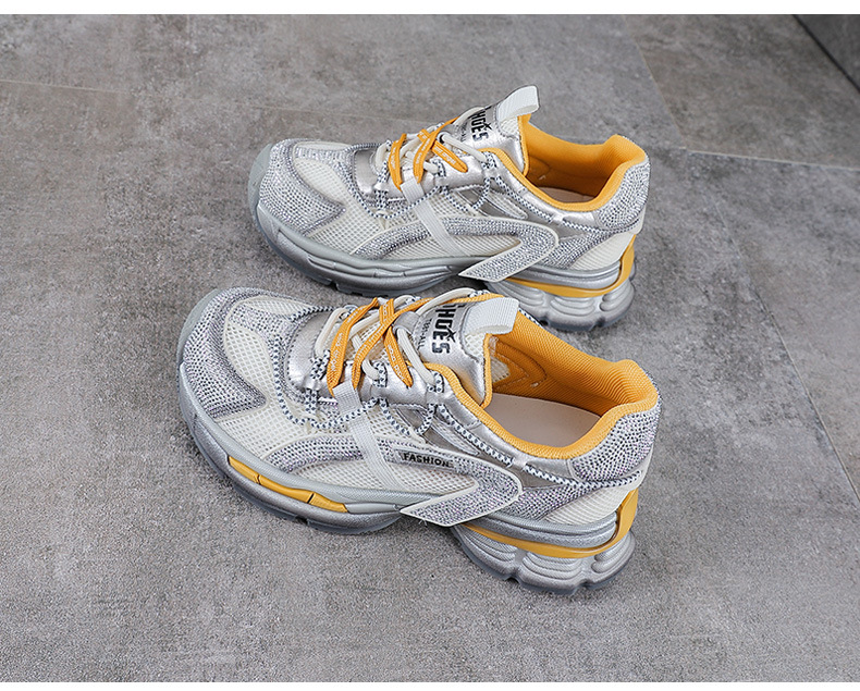 Giày sneaker nữ chunky đế dày, lưới thoáng khí, phối đá đính, phong cách thể thao — màu xám chi tiết 12
