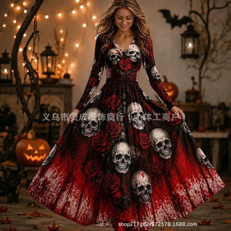 2026 New Cross-Border Halloween Women's Party Dress with Pumpkin, Ghost, and Witch Theme Pattern, Long Skirt with Full Hem 2026 New Cross-Border Halloween Women's Party Dress with Pumpkin, Ghost, and Witch Theme Pattern, Long Skirt with Full Hem