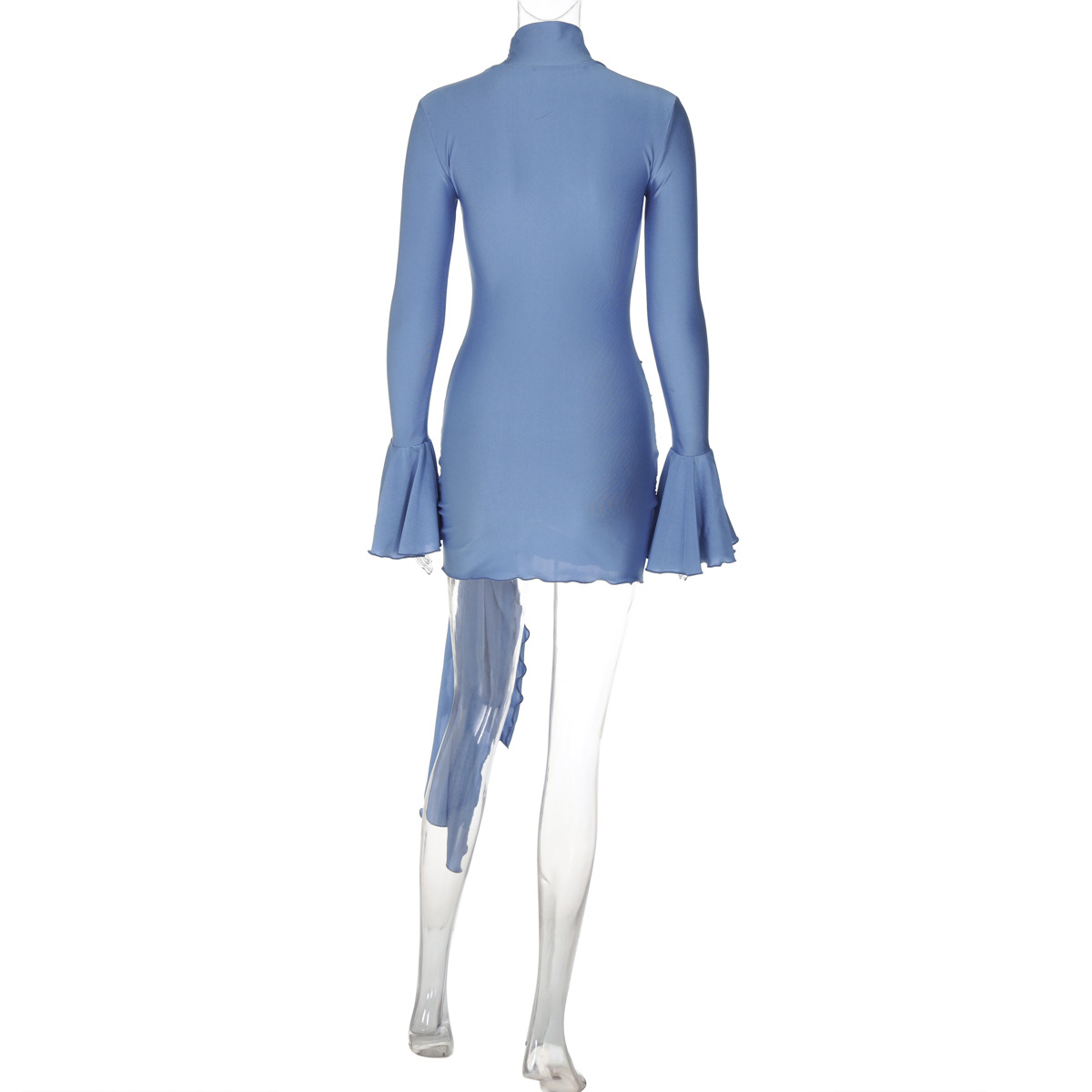 Women Clothing Autumn Solid Color Half Collar Bell Sleeve Sexy Tight Hip