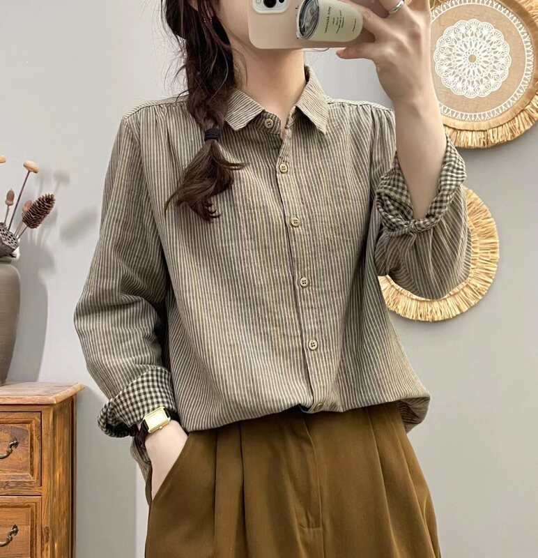 Pure Cotton Artistic Vintage Pinstripe Shirt Women's Double-layer Cotton Gauze Long-sleeved Shirt Spring and Autumn New All-match Shirt Pure Cotton Artistic Vintage Pinstripe Shirt Women's Double-layer Cotton Gauze Long-sleeved Shirt Spring and Autumn New All-match Shirt