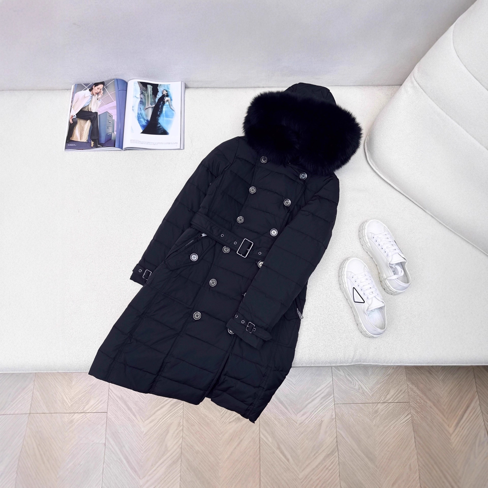 Down Jacket 2025 New Women's Winter European Station White Goose down Over-The-Knee Long Waist-Cinching Hooded Large Fur Collar Jacket